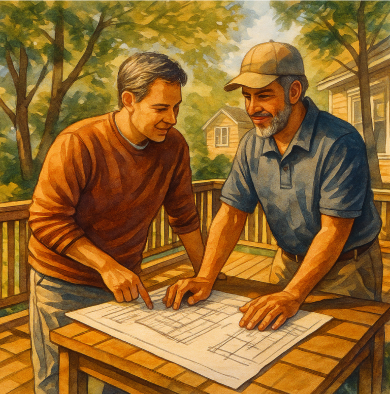 artistic rendering of two deck builders looking at designs