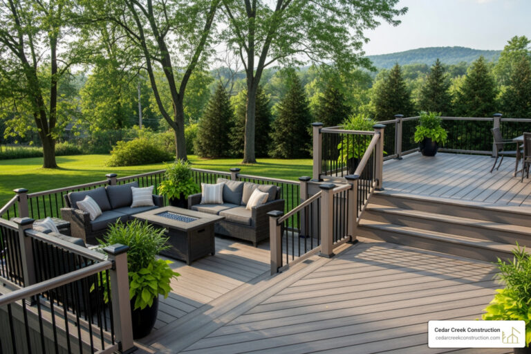 a beautiful, modern composite deck in a backyard setting in the Lehigh Valley - composite decking advantages and disadvantages