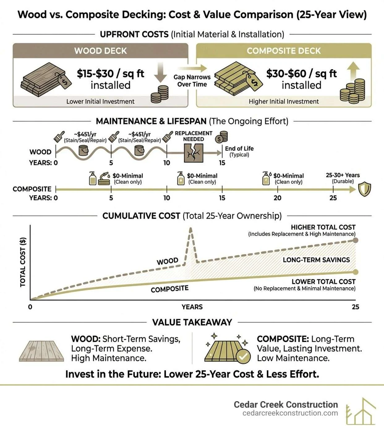 infographic comparing upfront costs, maintenance requirements, lifespan, and total 25-year ownership costs for wood versus composite decking, showing initial material costs per square foot, annual maintenance expenses, expected replacement timeline, and cumulative costs over time - composite deck vs wood cost infographic
