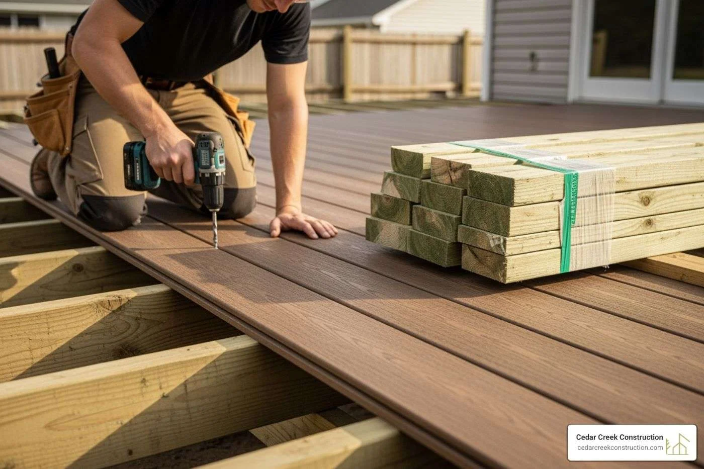contractor installing composite decking boards next to a stack of pressure-treated lumber - composite deck vs wood cost
