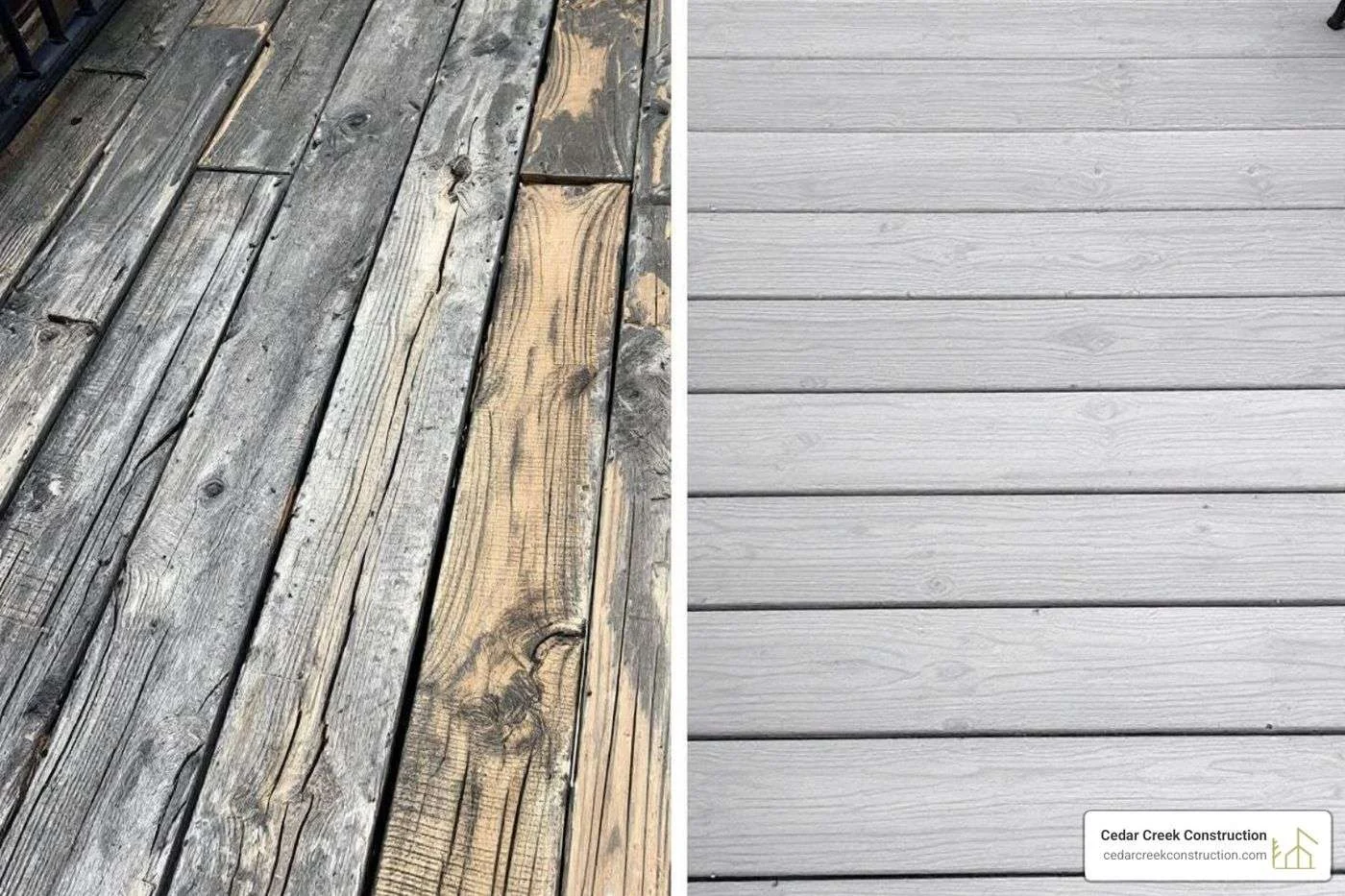 weathered, splintered wood deck next to a pristine composite deck - composite deck vs wood cost